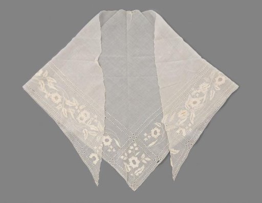 Shawl of linen batiste, triangular, embroidered along two sides with garlands of flowers in cotton and open hems of drawn thread and cotton