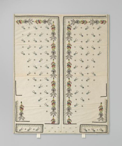 Waistcoat, uncut, embroidered in a floral fantasy pattern in multicoloured silk, silver thread, silver spangles and rhinestones, painted with a geometric border, on cream-coloured taffeta