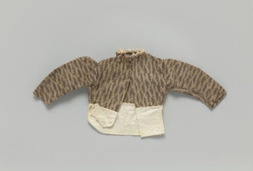 Blouse with long sleeves, of mixed wool with a stripe of cotton. Finished with linen band folded into points.