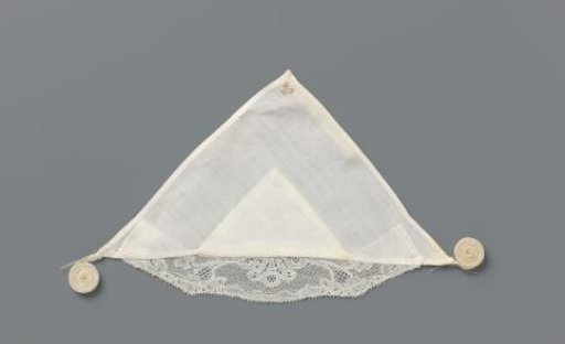 Tablecloth of white linen with lace; marked in red cross-stitch: HS12