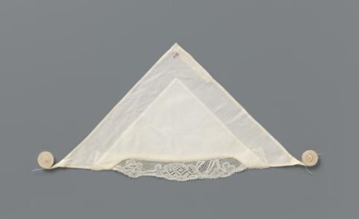 Tablecloth of white linen with lace; marked in red cross-stitch: H8