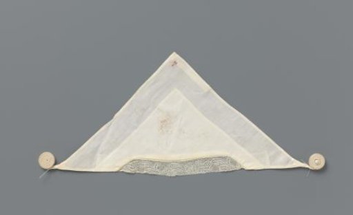 Tablecloth of white linen with lace; marked in red cross-stitch: H8