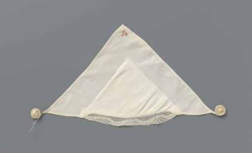 Tablecloth of white linen with lace; marked in red cross-stitch: LH8