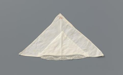 Tablecloth of white linen with lace; marked in red cross-stitch: LH8