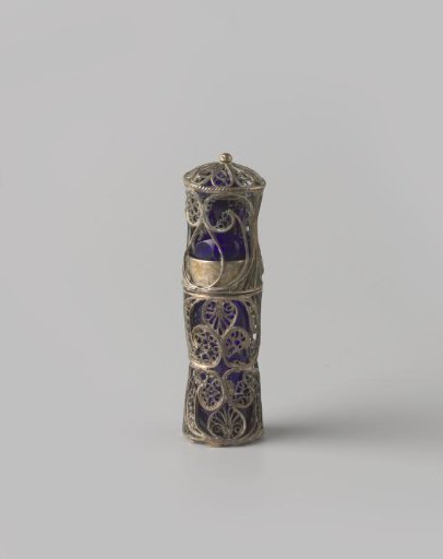 Flacon of blue glass with silver filigree.