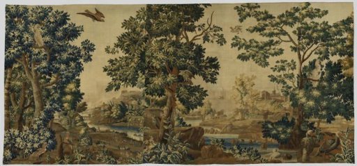 Wooded landscape with birds and views of a river landscape