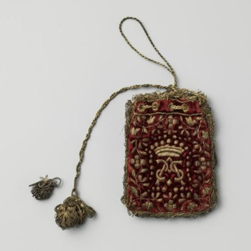 Small pouch of wine-red velvet, embroidered in gold thread with floral swags, a crown and the monogram A.S.