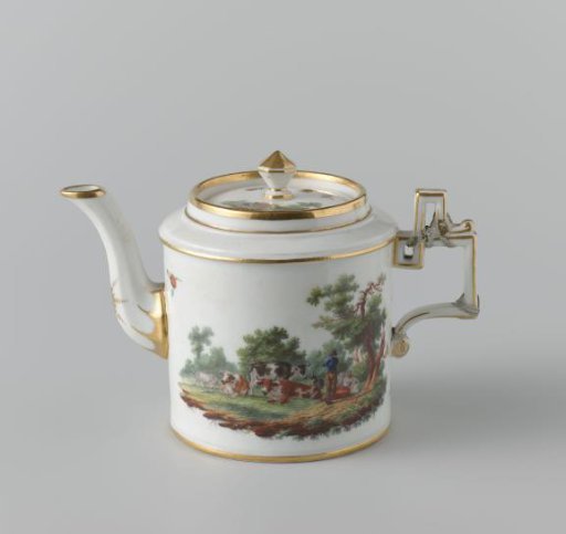 Lid of teapot, painted with a landscape with cattle