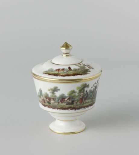 Sugar bowl, painted with a landscape with cattle