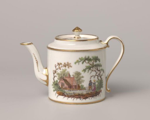 Teapot, painted with a landscape with houses