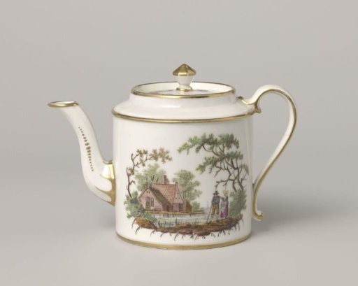 Teapot, painted with a landscape with houses