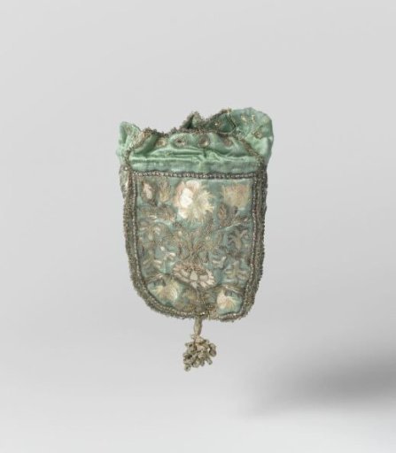 Purse of turquoise-blue satin embroidered with flower motifs in silver and gold thread and colored silk