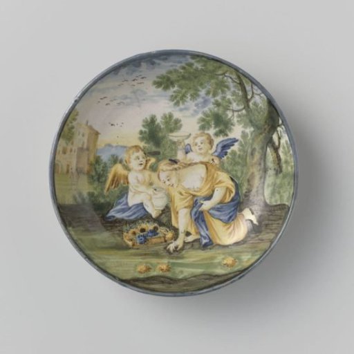 Plate decorated with a woman sitting on her knees picking flowers.