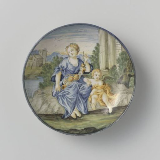 Plate decorated with a woman with garlands and a child
