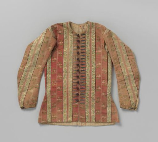 Straight jacket with long sleeves, armholes, 24 buttonholes and 12 buttons of striped pink taffeta silk with multicolour floral sprays, and of cream silk with floral and foliate scrolls.
