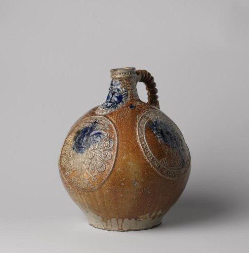 Jug (Bartmann jug) with coat of arms and portraits