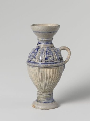Jug with funnel neck and floral scrolls and ribbed body