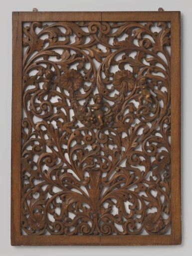 Panel with openwork symmetrical ornament of acanthus vines with flowers and putti, and in the center an eagle and putto on a festoon