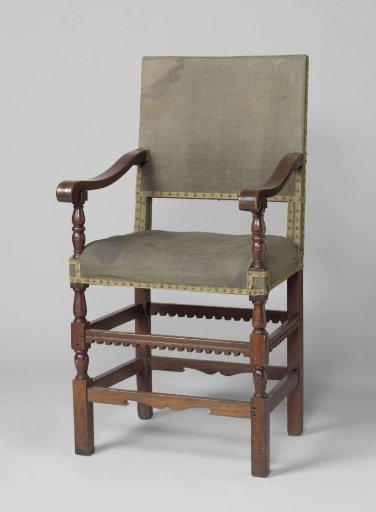 Armchair, Upholstered in Green Broadcloth. Among Other Things Decorated with Dentil Mouldings. Front Rail Carved in Arch Shape.