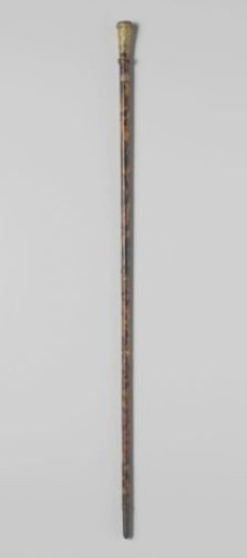 Walking stick of wood with tortoiseshell wrapping and a gilded knob decorated with mythological scenes