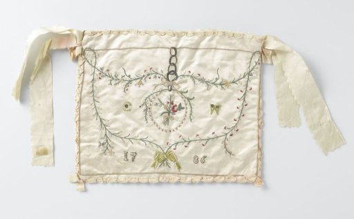 Fan case in rectangular model of ivory-colored satin, embroidered with winding flower branches, the initials 'C' and 'W' and the year '1786'
