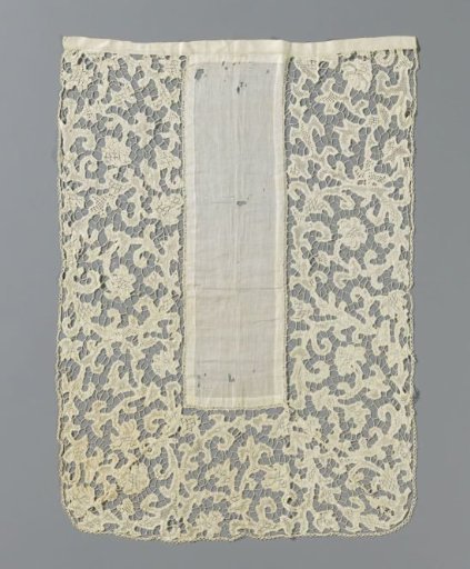 Front cloth for an antependium of batiste with a wide border of mixed lace with curling vines along the two long sides and continuing along the bottom