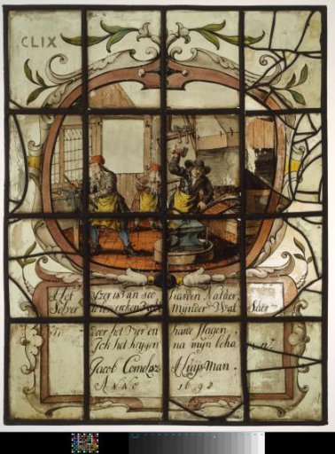 Pane with three smiths in a smithy with inscription