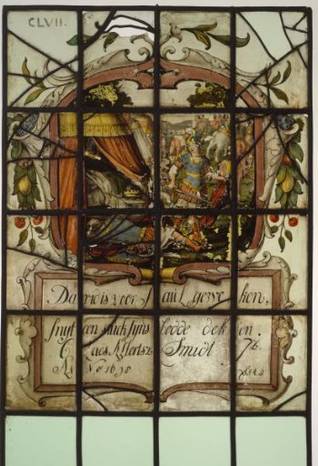 Pane with David cutting the cloak of Saul, with a cartouche containing an inscription
