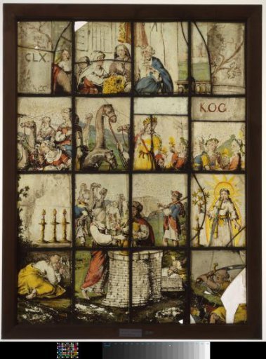 Panel containing twenty panes with various fragments of scenes from the Old Testament and the Lives of the Saints