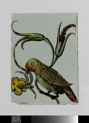 Pane with a bird holding a flower vine in its beak