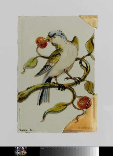 Pane with a Bird on a Branch with Cherries