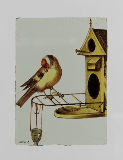 Panel with a caged titmouse in front of a birdhouse
