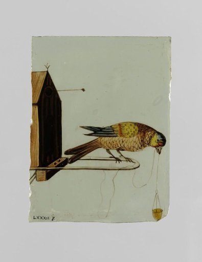 Panel with a fantastical bird in front of a birdhouse