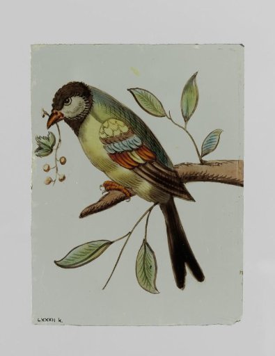 Panel with a bird holding a branch with berries in its beak