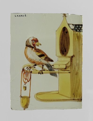 Panel with a bird in front of a birdhouse