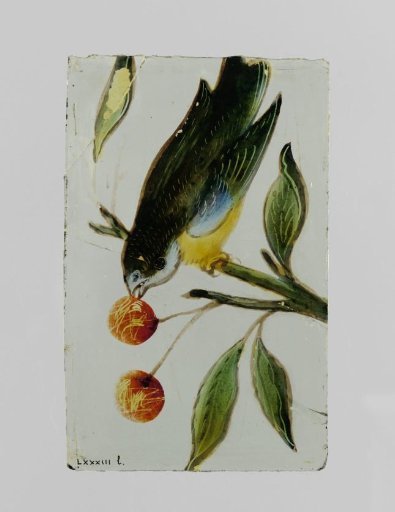 Square with a bird pecking at a cherry
