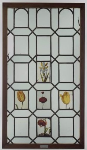 Pane with five flowers, including two tulips