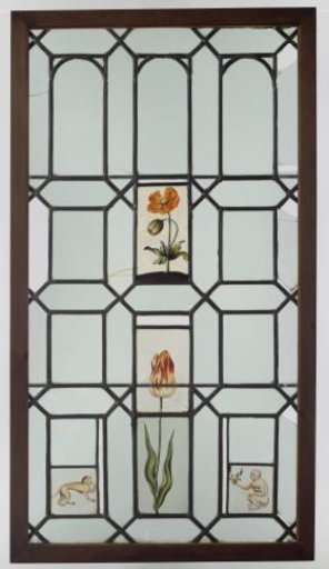 Pane with a poppy, a tulip (in two panes) and two monkeys
