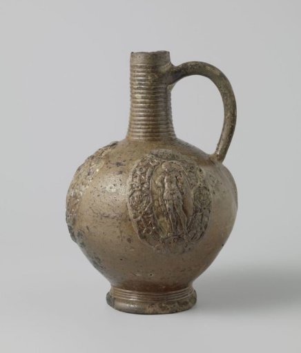 Jug with standing men and ribbed neck