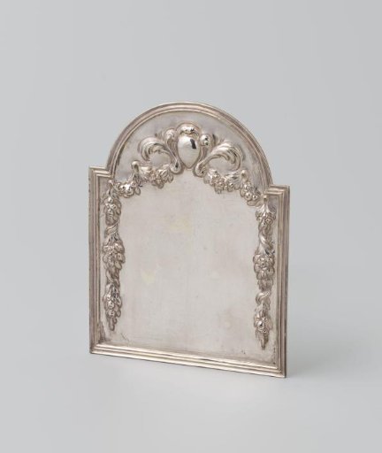 Silver Hearth Plate, Flat Plate Framed by a Profiled Edge and Decorated with a Smooth Shield, Leaves, and Hanging Flower and Fruit Garlands (Chasing).