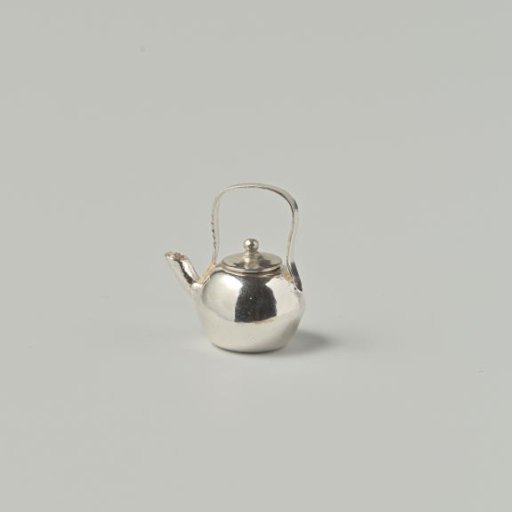 Silver Teakettle, Undecorated with Fixed Upright Handle, Loose Lid with Knob, and Spout.