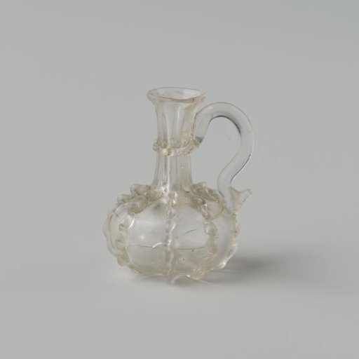 Jug of clear colourless glass, globular body decorated with eight pinched vertical applied ribs and a slightly indented pontil mark.