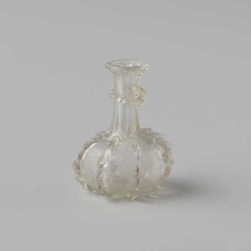 Jug of clear colourless glass, globular body decorated with eight pinched vertical applied ribs and a slightly indented pontil mark.