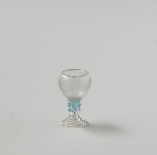 Römer of clear colourless glass with blue knobs on the stem; double-walled cup; foot of spun glass thread.