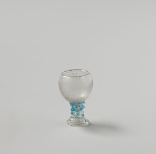 Römer of clear colourless glass with blue knobs on the stem; double-walled cup; foot of spun glass thread.