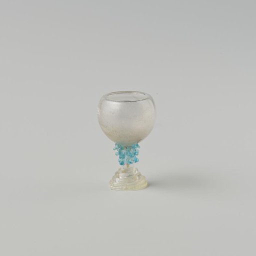 Römer of clear colourless glass with blue knobs on the stem; double-walled cup; foot of spun glass thread.
