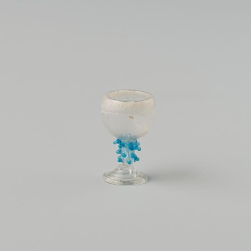 Römer of clear colourless glass with blue knobs on the stem; double-walled cup; foot of spun glass thread.