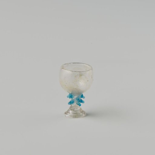 Römer of clear colourless glass with blue knobs on the stem; double-walled cup; foot of spun glass thread.