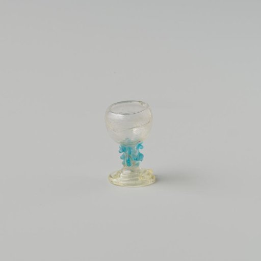 Römer of clear colourless glass with blue knobs on the stem; double-walled cup; foot of spun glass thread.