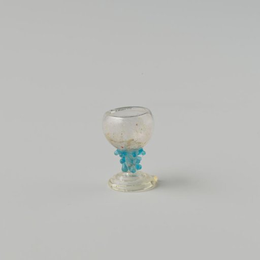Römer of clear colourless glass with blue knobs on the stem; double-walled cup; foot of spun glass thread.